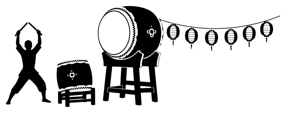 Silhouette of a traditional Japanese taiko drummer performing with large drums and festive paper lanterns