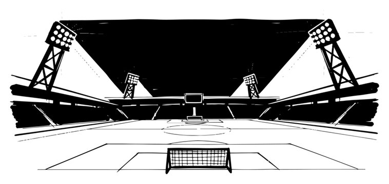 Artistic sketch of a soccer stadium at night with bright floodlights and goal post