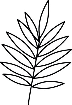 A simple black and white line drawing of a tropical palm leaf isolated on a solid white background