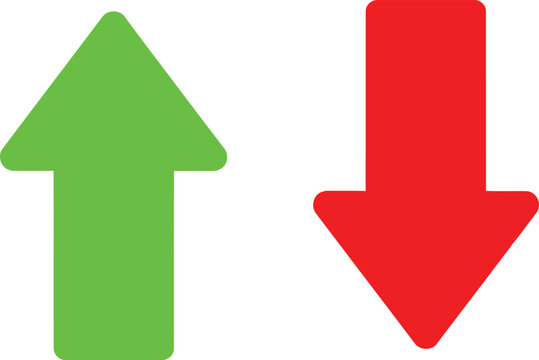 Green up arrow and red down arrow symbols representing growth and decline on white background. Vector