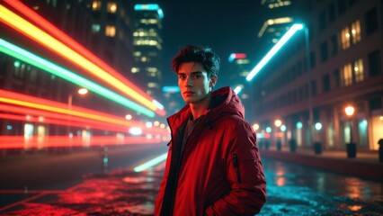 Obraz premium Young man standing amid neon light trails on city street