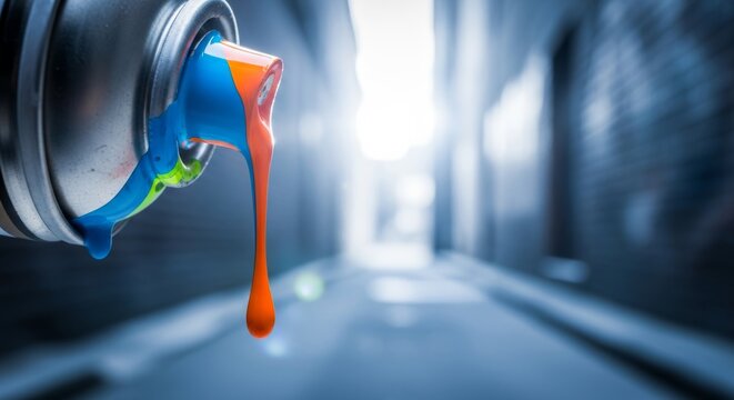 Vibrant paint dripping from spray can in urban alleyway