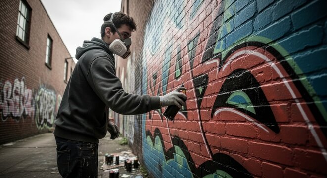 Street artist creating vibrant graffiti mural on urban brick wall