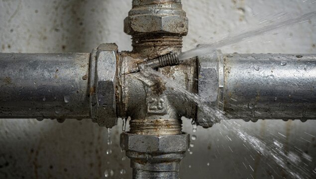 A corroded pipe joint is leaking water in a dimly lit industrial setting, highlighting the need for repair and maintenance to prevent further damage and ensure safety.