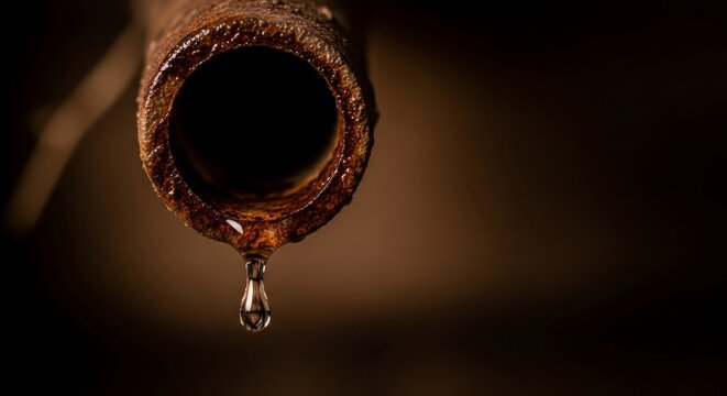 Close-up of rusted pipe with dripping water in dark setting