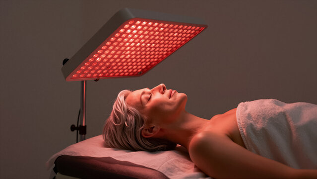 A woman relaxes during a beneficial red light therapy session. This modern beauty treatment promotes skin rejuvenation and anti-aging benefits for radiant skin