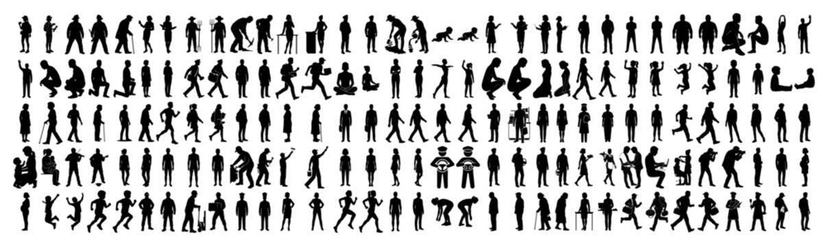 People silhouettes mega set featuring diverse characters in various activities and professions in black flat style