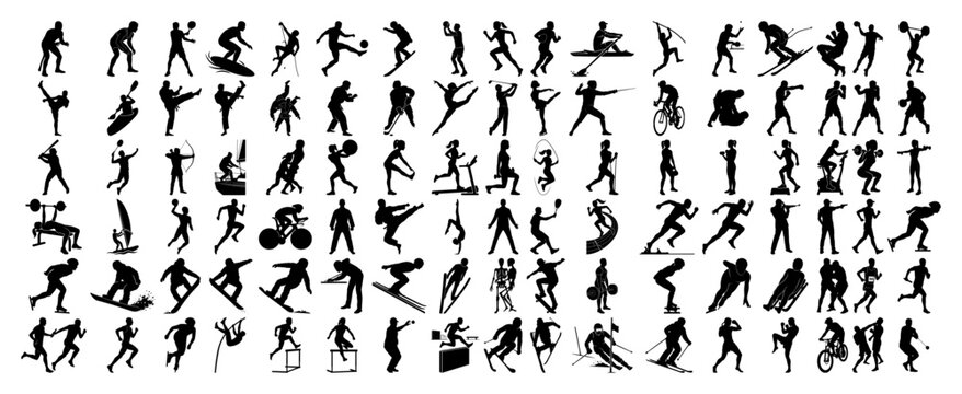 Sport silhouettes mega set with people practicing various athletic activities and Olympic disciplines in flat black style