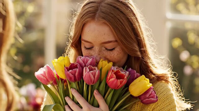 A happy young woman with red hair smiling as she receives a bouquet of colorful tulips. A surprise gift of fresh flowers on a sunny day. Gratitude and affection concept