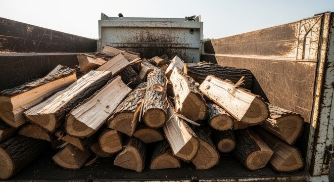 Pile of cut firewood logs stacked in industrial truck