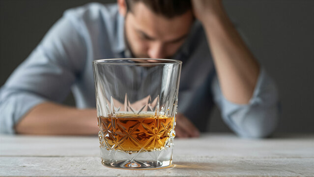 A solemn man reflects on a glass of alcohol, symbolizing addiction and depression. This poignant image captures the heavy emotional burden and a serious mental health concern, with copy s