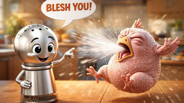 Humorous 3D illustration of a silver pepper shaker character making a raw plucked chicken sneeze in a kitchen, with speech bubble saying 'BLESH YOU!', cinematic lighting, funny food pun concept art.