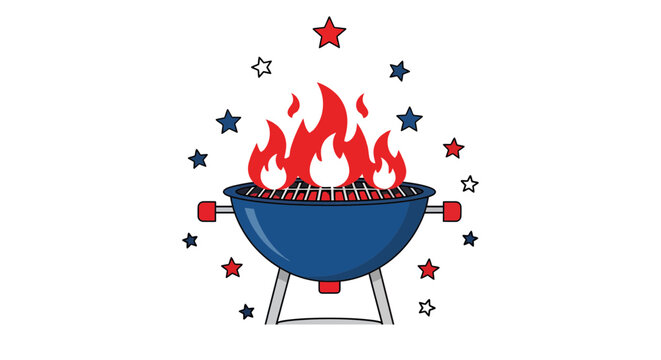 Flat design barbecue grill with flames and stars on white background for summer celebration