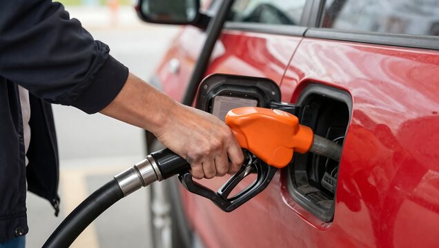 Man in black jacket refueling a red car at a gas station with orange nozzle