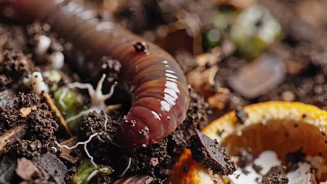 Macro close-up of an earthworm moving slowly through dark soil. Decomposing organic material and a rotting orange peel inside a compost bin. Natural recycling and agriculture concept