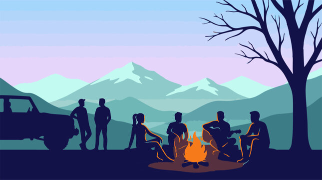 Outdoor adventure with friends around campfire in mountain landscape