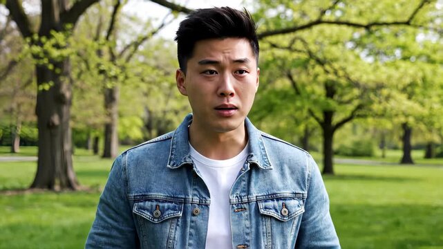 Young Asian man sneezing into a tissue while standing outdoors in a park. Seasonal spring allergy and hay fever concept. Person suffering from cold or flu symptoms