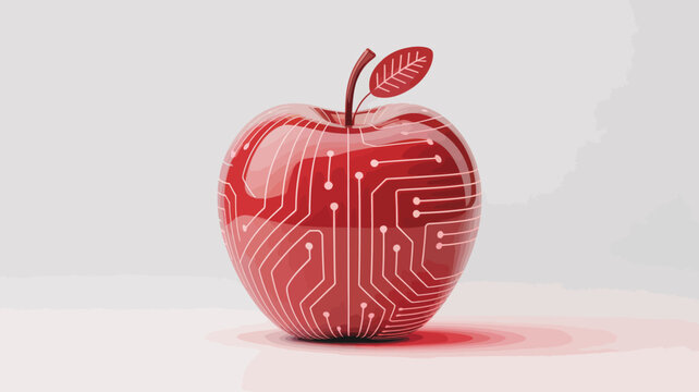 Futuristic digital red apple with circuit board patterns, high-tech organic fruit concept, electronic cybernetic apple vector illustration