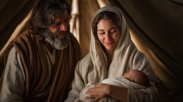 Sarah holding newborn Isaac as Abraham stands in gratitude, a tender moment of fulfilled promise in a quiet tent.