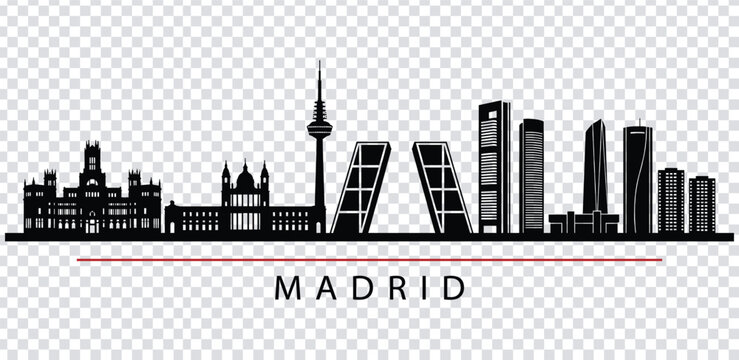 Vector illustration black silhouette of madrid city skyline with modern and historic buildings