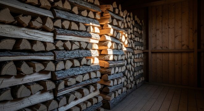 Neatly stacked firewood in rustic wooden shed with natural lighting