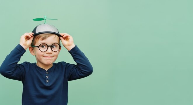 Boy with propeller hat and glasses against green background
