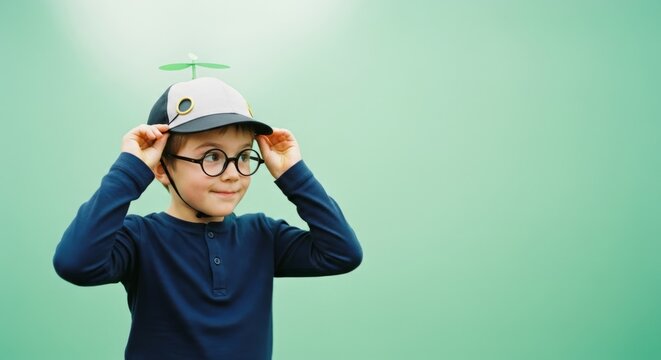 Child wearing propeller hat against green background