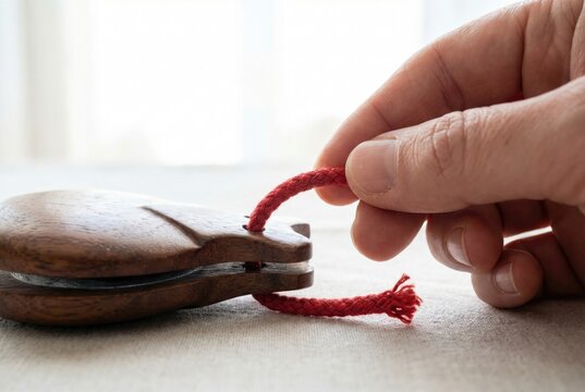 Hand pulling thick red braided string to adjust tension on traditional dark wooden Spanish castanets