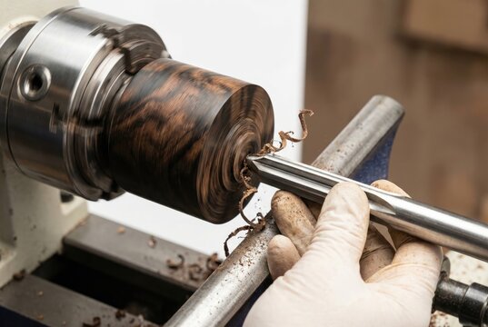Woodturner wearing gloves using gouge tool to shape spinning block of dark textured wood on lathe