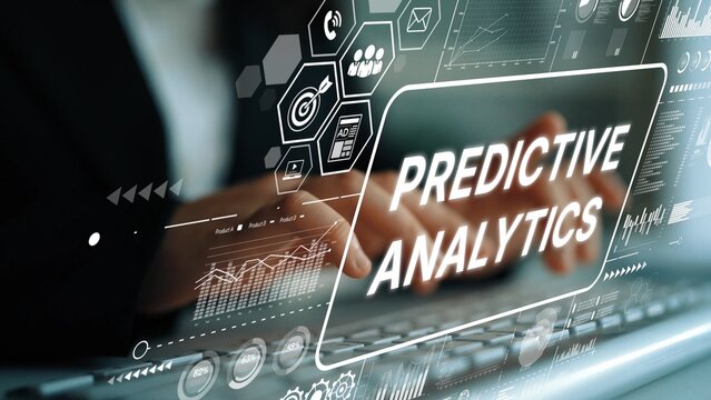 Business Professional Engaging in Predictive Analytics Using Digital Display and Technology Interface. Asymptotic smart data analytic.