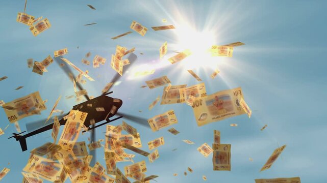 Fiji dollars Fijian money banknotes helicopter money dropping. 100 FJD notes abstract 3d concept of inflation, money printing, finance, economy, crisis and quantitative easing.