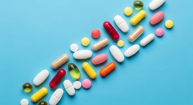 a diverse collection of various colored and shaped pharmaceutical pills displayed against a light blue background