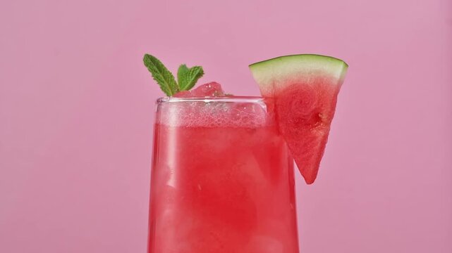 Chilled watermelon mocktail with mint and ice rotates in glass on pink background, fresh summer drink studio closeup scene