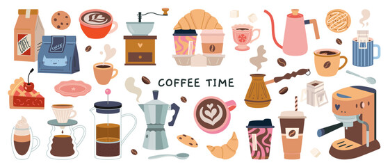 Coffee themed set with drinks, beans, desserts and brewing tools like grinder, cezve, moka pot and more. Cozy coffee time concept for cafe, menu and specialty culture. Modern flat vector illustration