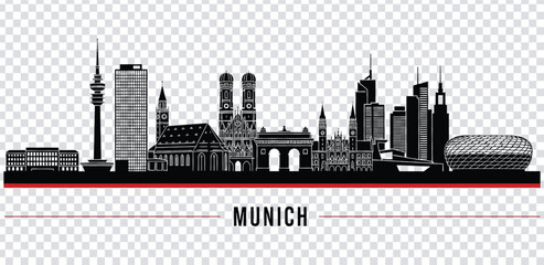 Obraz premium Vector illustration black and white illustration of munich city skyline with famous landmarks