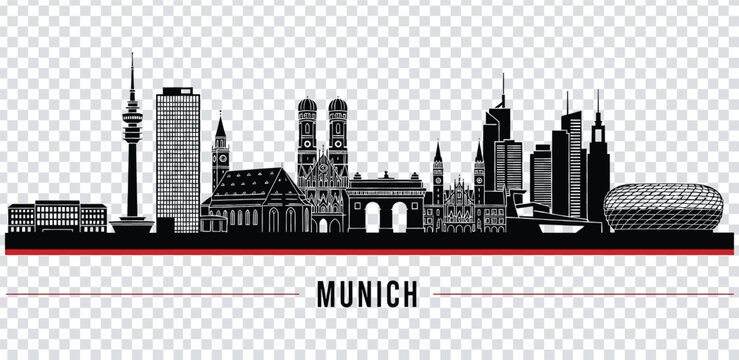 Vector illustration black and white illustration of munich city skyline with famous landmarks