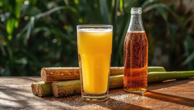 Chilled sugar cane beverage presented in a transparent glass and bottle.