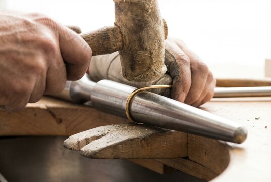 Goldsmith hands using wooden mallet to hammer and size gold ring on steel jeweler mandrel