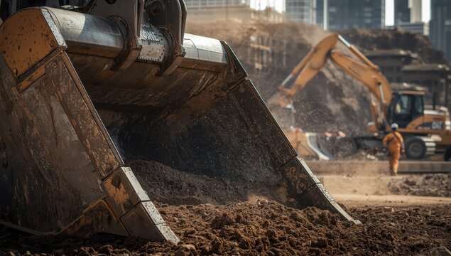 Close-up of a large excavator bucket.