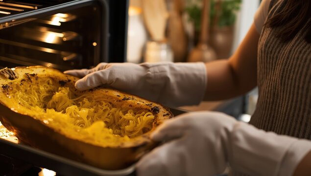 Closeup of a woman removing baked spaghetti squash from the oven.