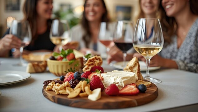 Closeup of women savoring various snacks and wine at a light grey indoor brunch table.