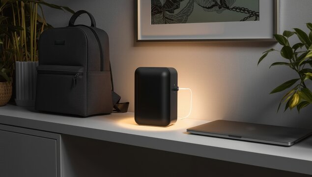 Compact power generator on a shelf illuminated in a contemporary interior.