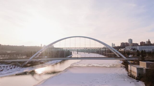 Winter/Spring Drone Shot of Walterdale Bridge in Edmonton, Canada