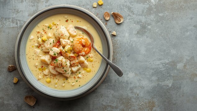 Crab and shrimp chowder with corn on gray backdrop.