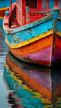 Colorful fishing boat with vibrant reflections on calm water