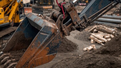 Fototapeta premium Detailed view of a dirty excavator arm, bucket, and hydraulic cylinder.