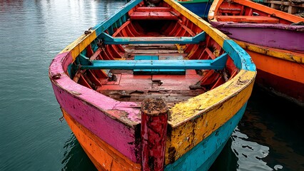 Obraz premium Vibrant wooden boat, painted in a kaleidoscope of bright colors, gently floats on calm water, showcasing rustic charm and a picturesque maritime scene