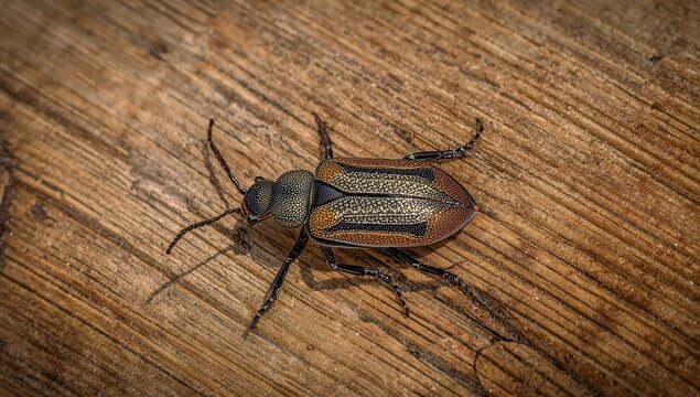 Detailed macro shot of a varied carpet beetle on wood.