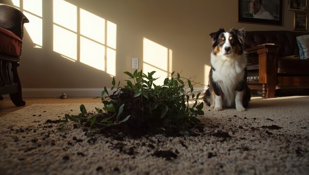 Embarrassed Aussie near tipped plant and dirt on carpet at home.