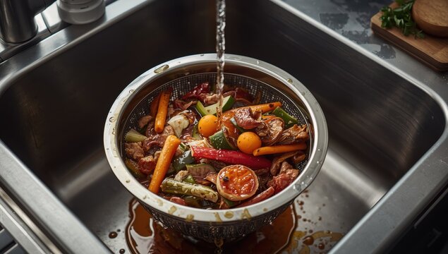 Food remnants in the sink strainer basket.
